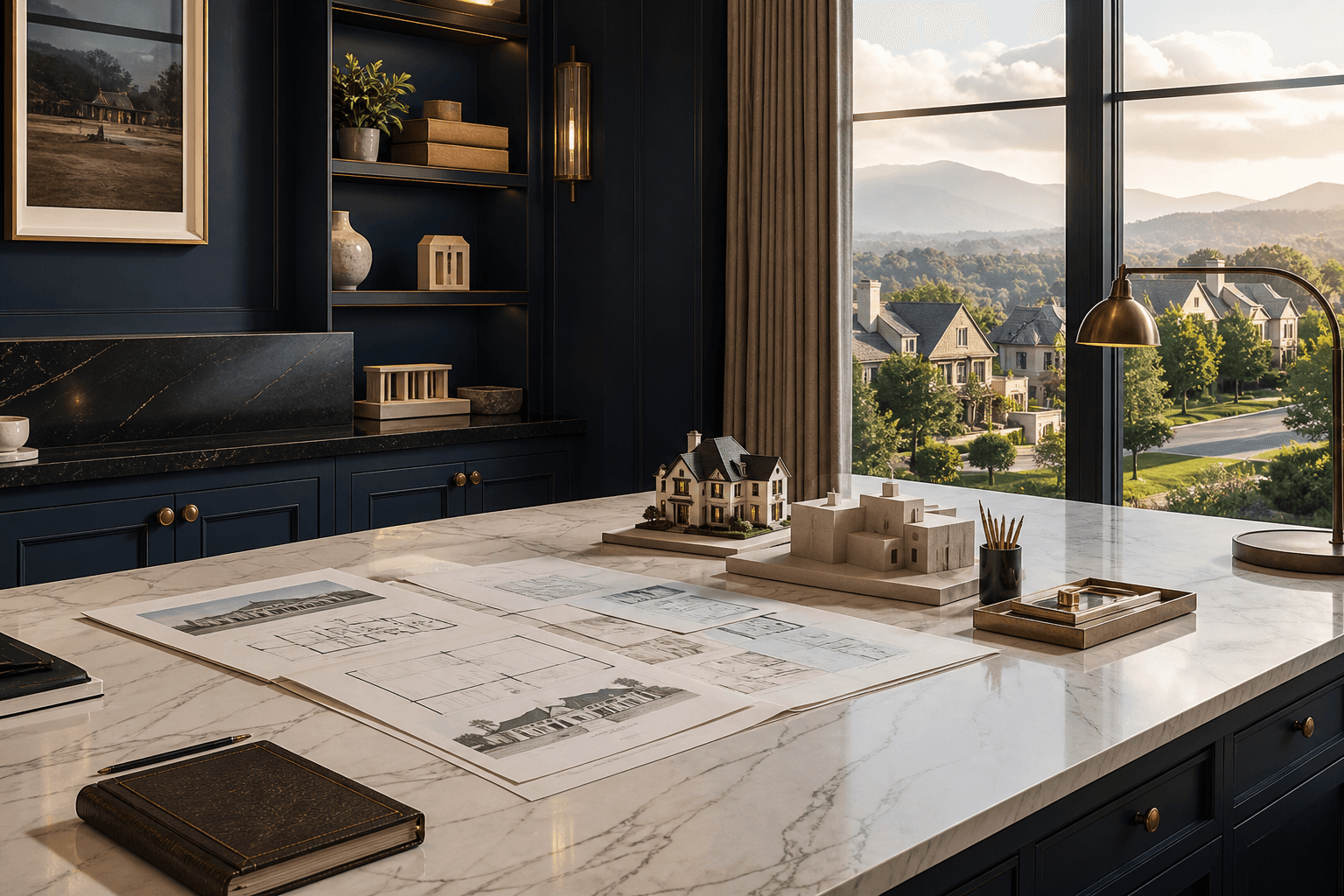 A refined real estate strategy studio with architectural property models and an Upstate landscape beyond