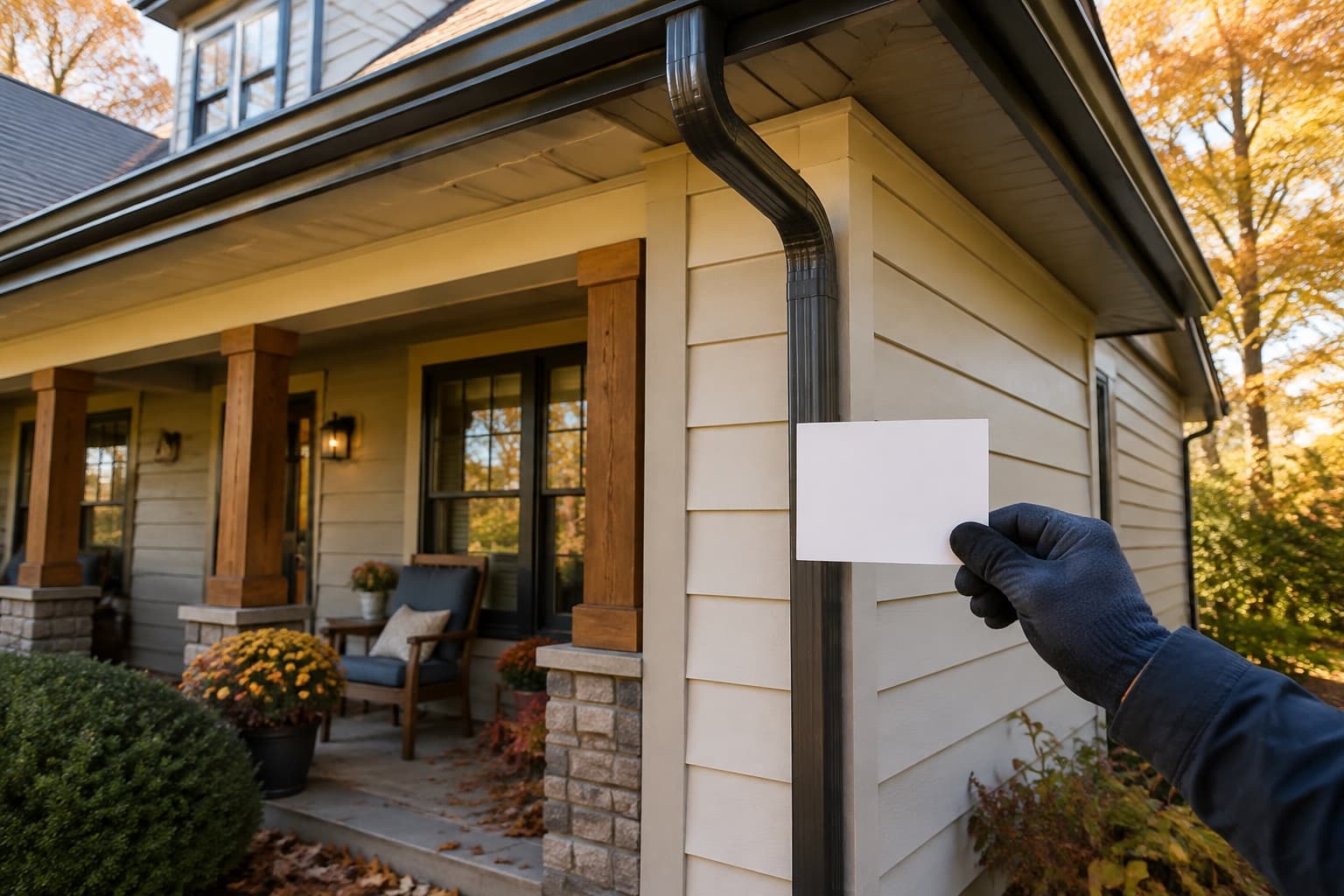 A craftsman-style home exterior in early autumn with a downspout and inspection checklist in view