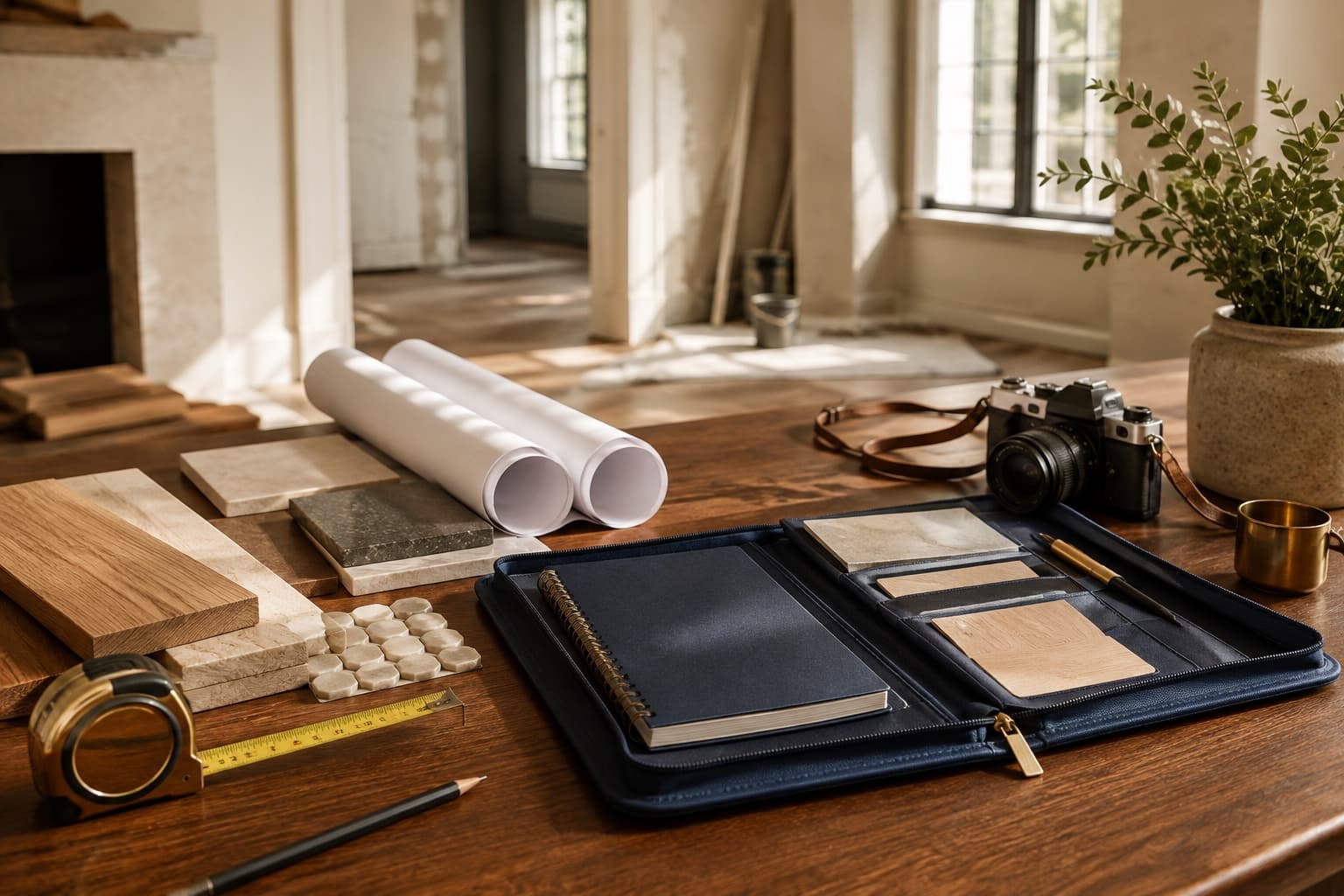 A renovation planning desk with material samples, blank plans, a camera, measuring tape, and project folio
