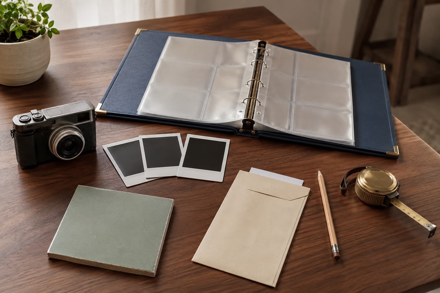 A camera, blank photo cards, project binder, material sample, envelope, and measuring tape arranged for documentation