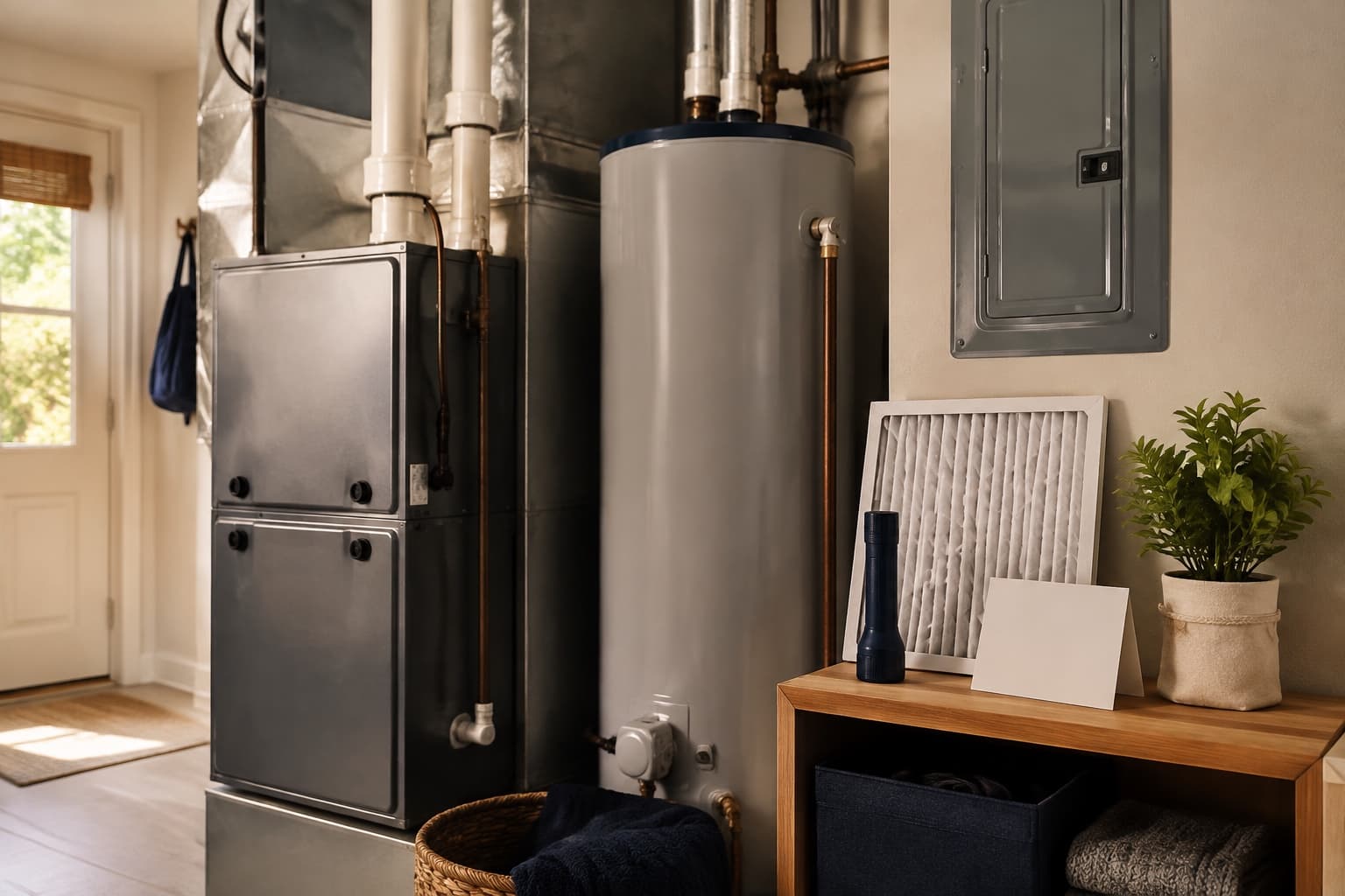 A clean utility room with accessible home systems, a spare filter, flashlight, and blank check card