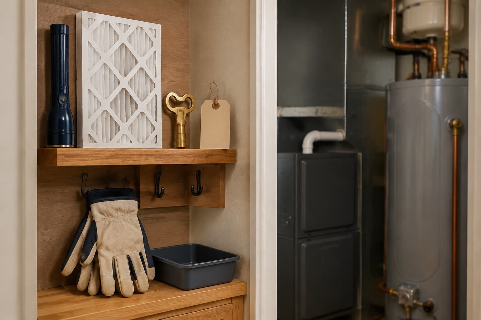 A neatly arranged home-systems access station with a filter, flashlight, shutoff key, tag, and work gloves