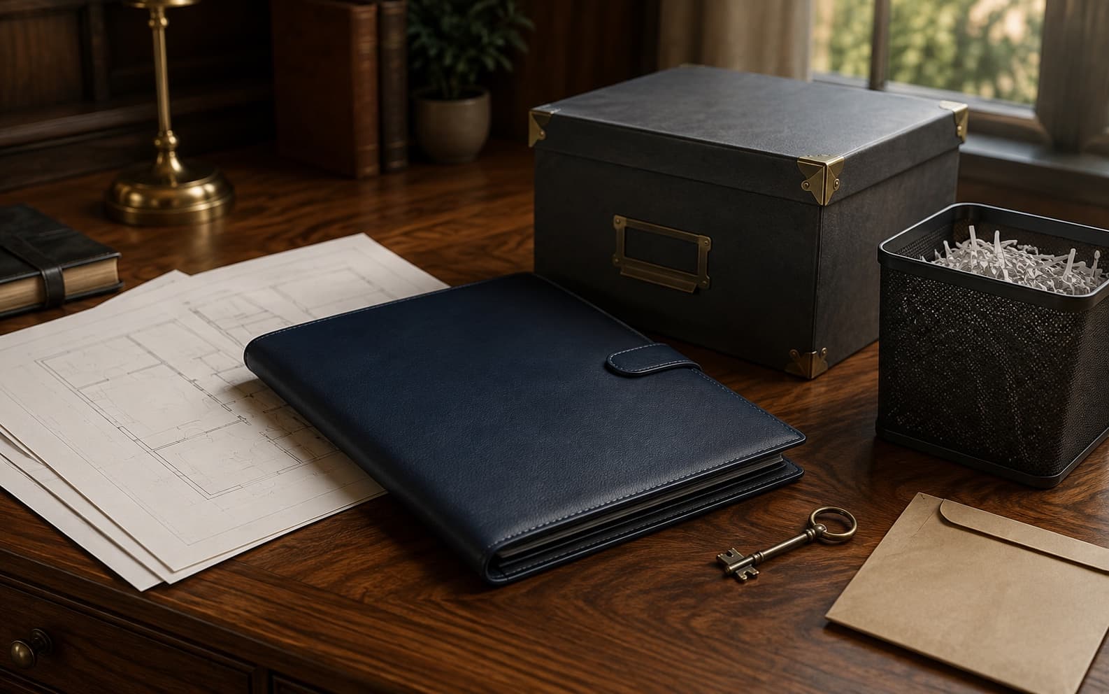 A secure property-records workspace with a folio, blank floor plan, document box, shred bin, and house key