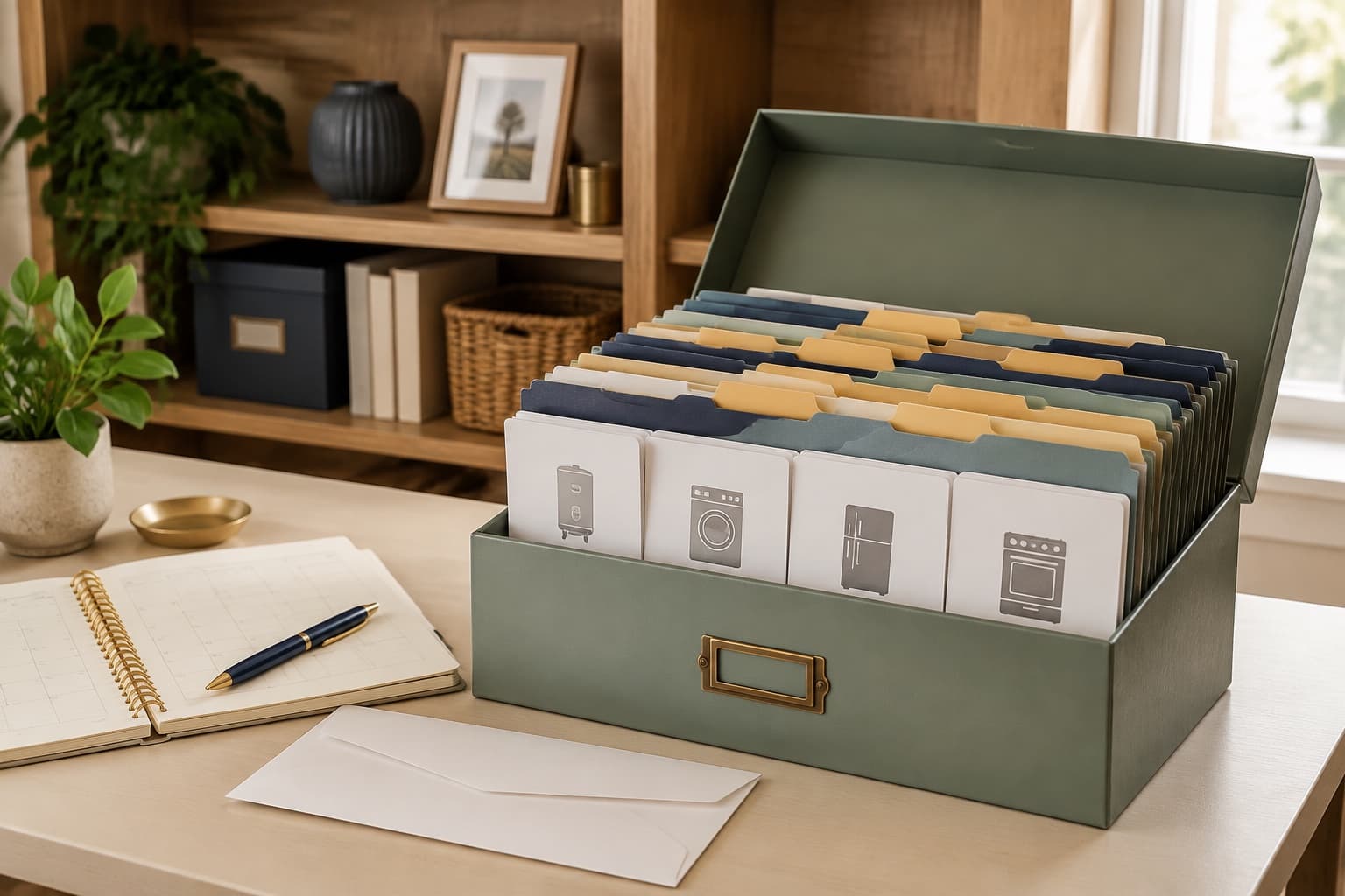 An archival box and labeled folders organizing home warranties, receipts, and service records