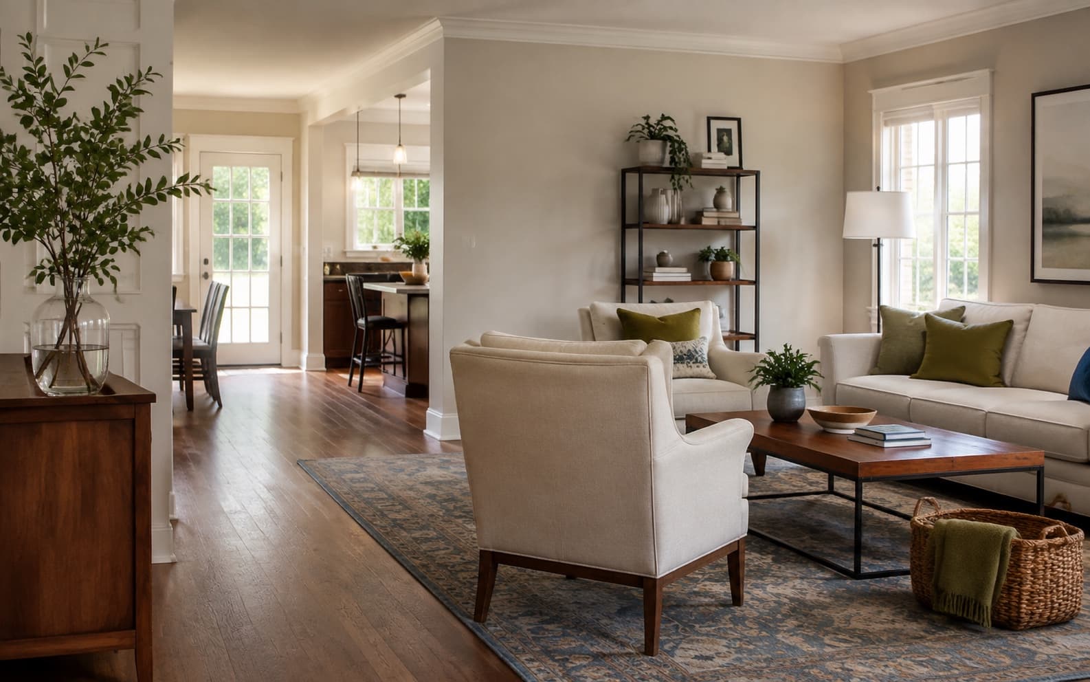 A calm, prepared living room with clear circulation and neatly organized everyday storage
