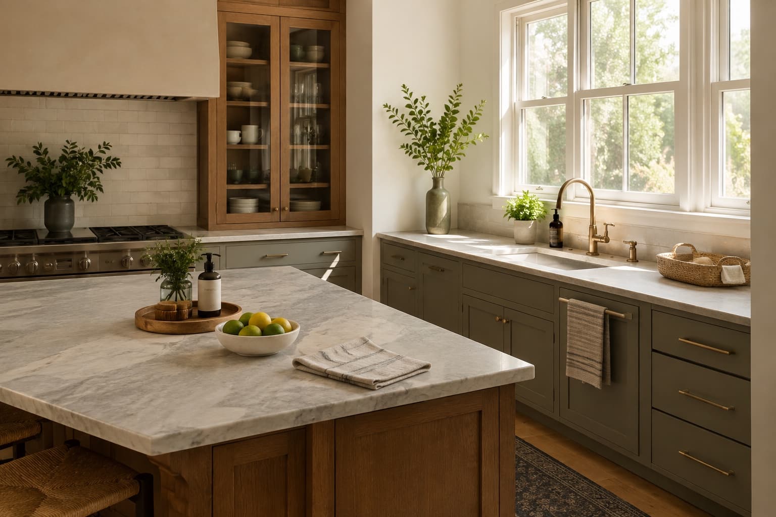 A clean everyday kitchen with cleared counters, a small tray, fruit, folded towel, and storage basket