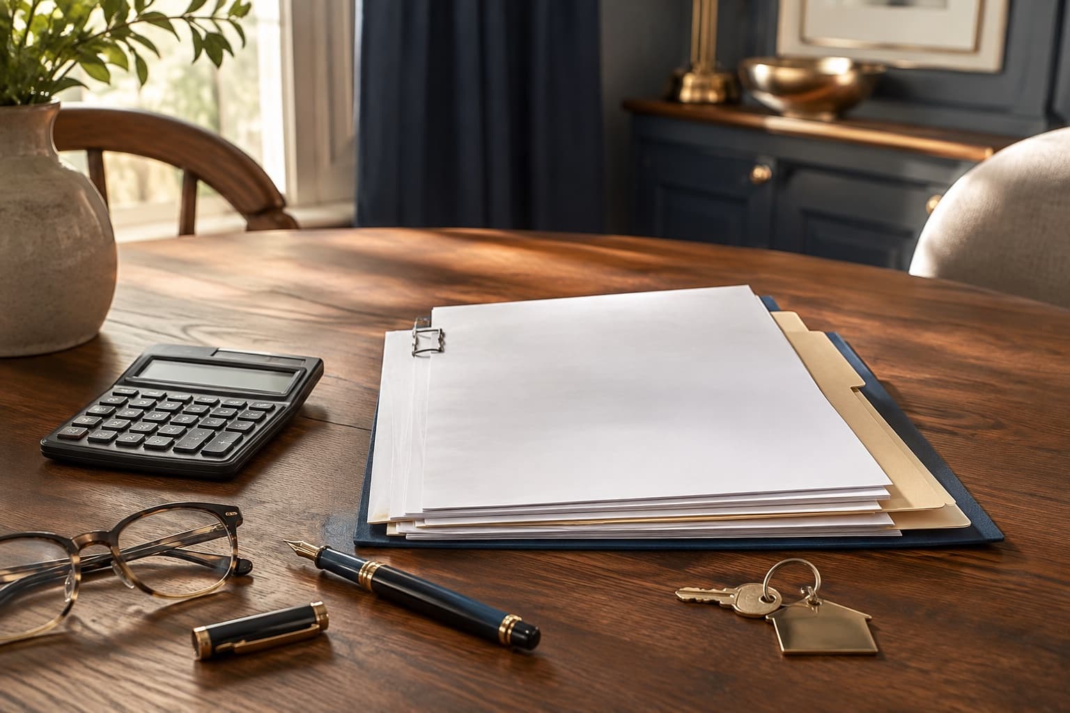 An organized closing packet, calculator, pen, glasses, and house keys on a walnut table