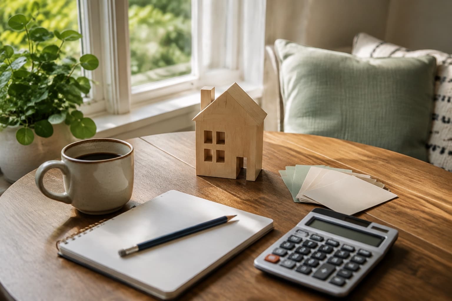 A calculator, budget notebook, small house model, and coffee arranged in a quiet planning nook
