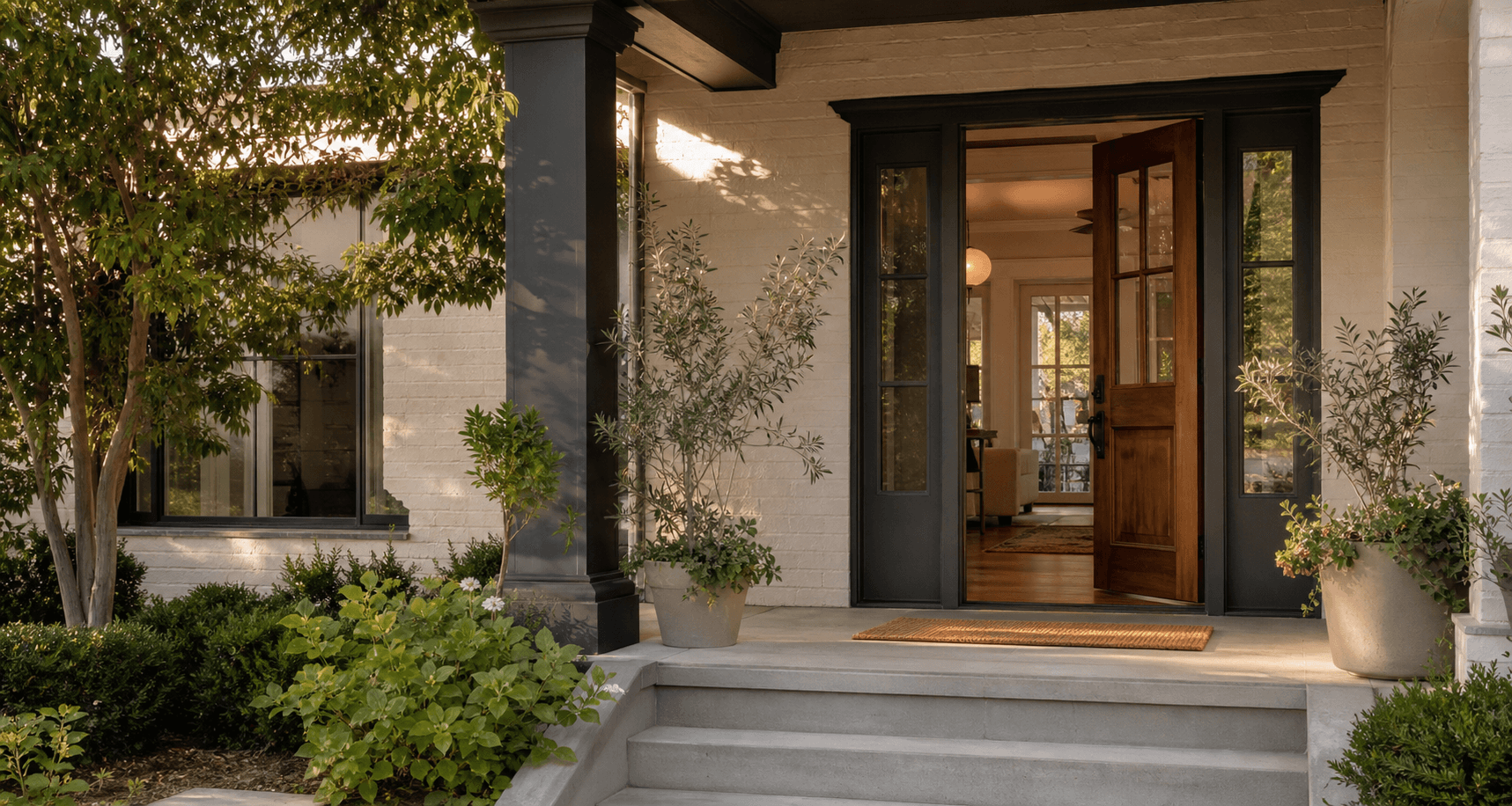 An open walnut front door welcoming someone into a warm home