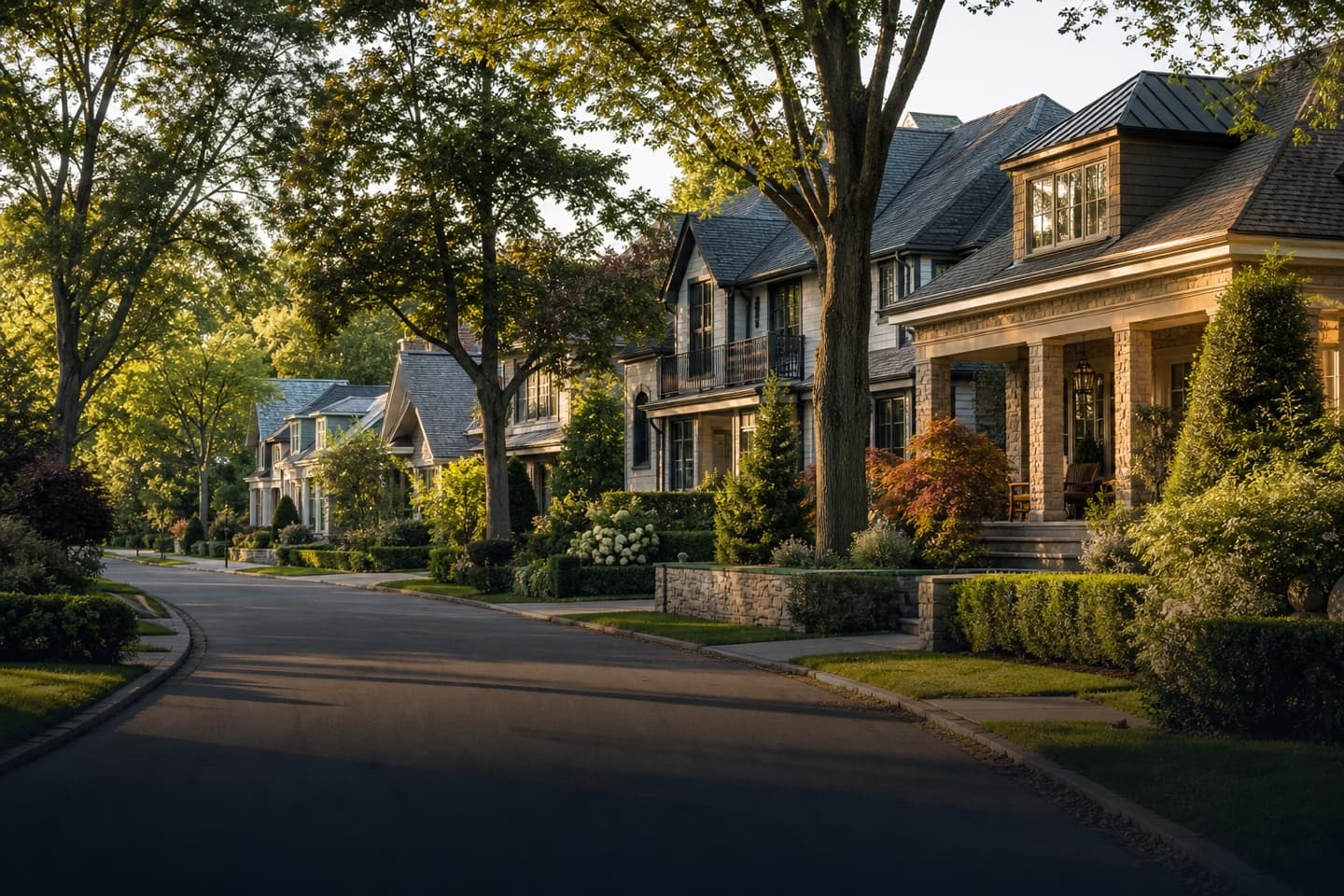 A tree-lined Upstate neighborhood in warm evening light