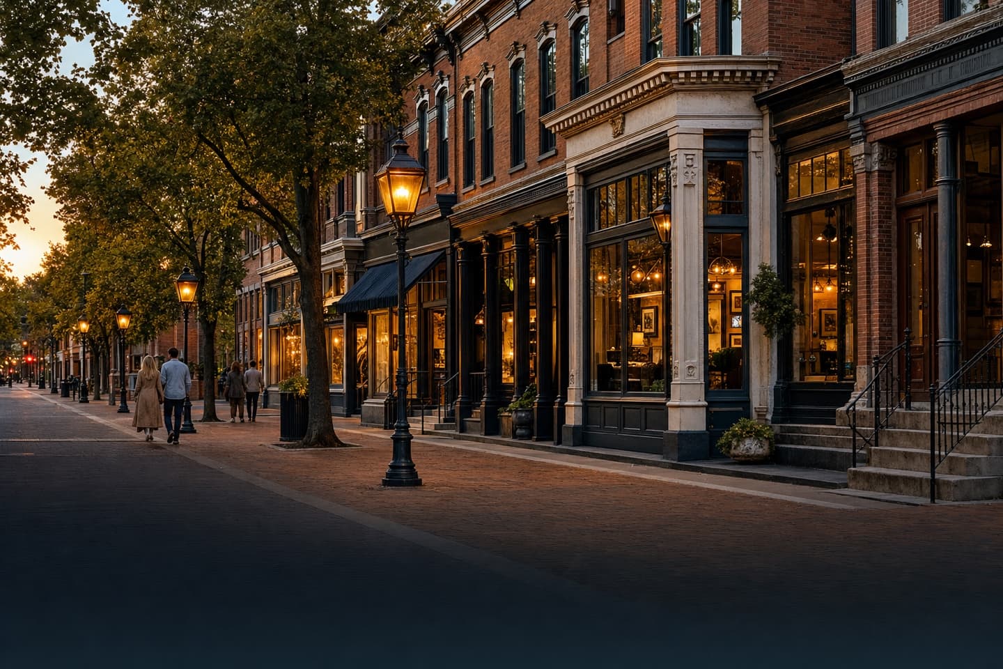 A walkable historic district with preserved storefronts at dusk