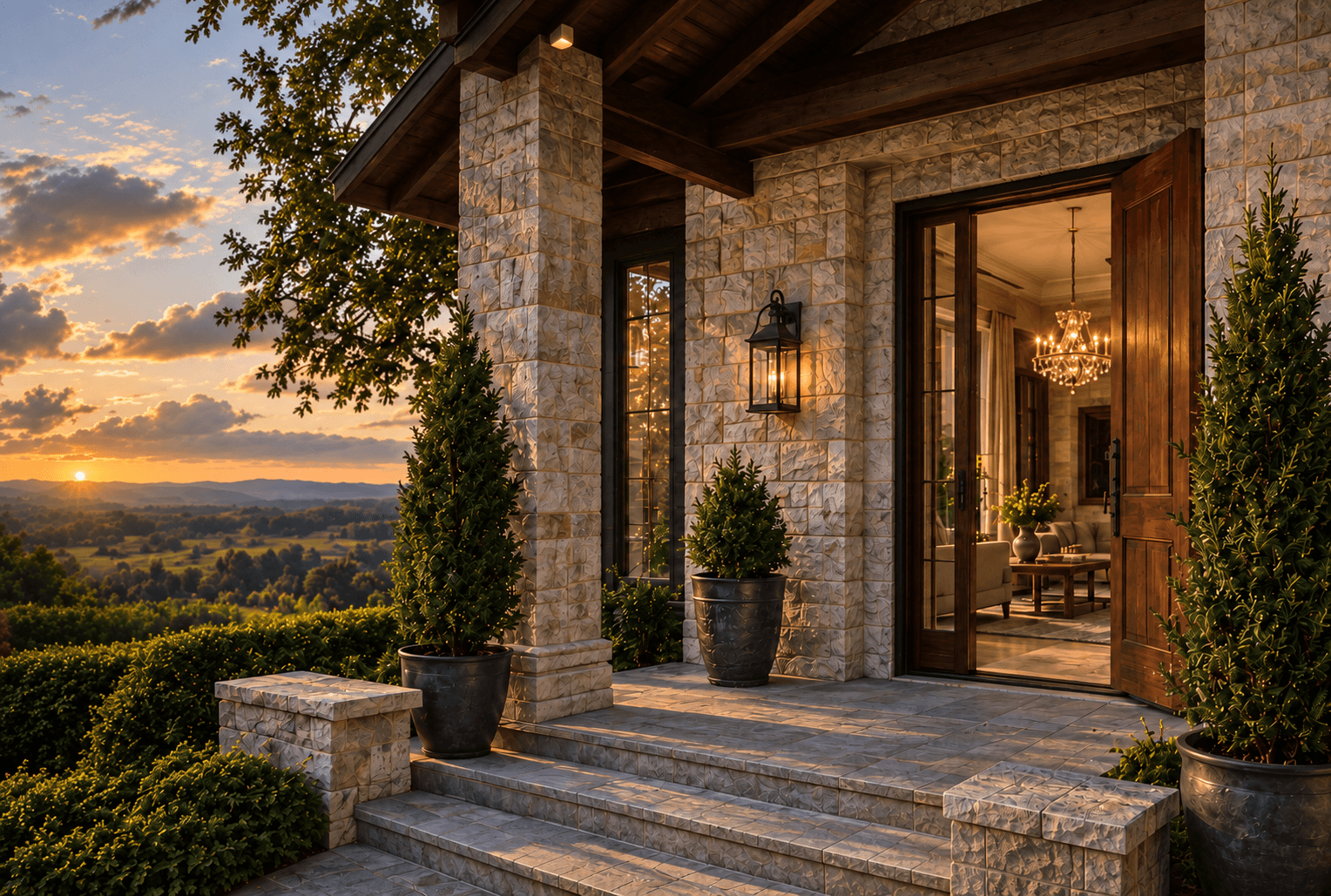 A stone residence with an open wood doorway and illuminated chandelier at sunset