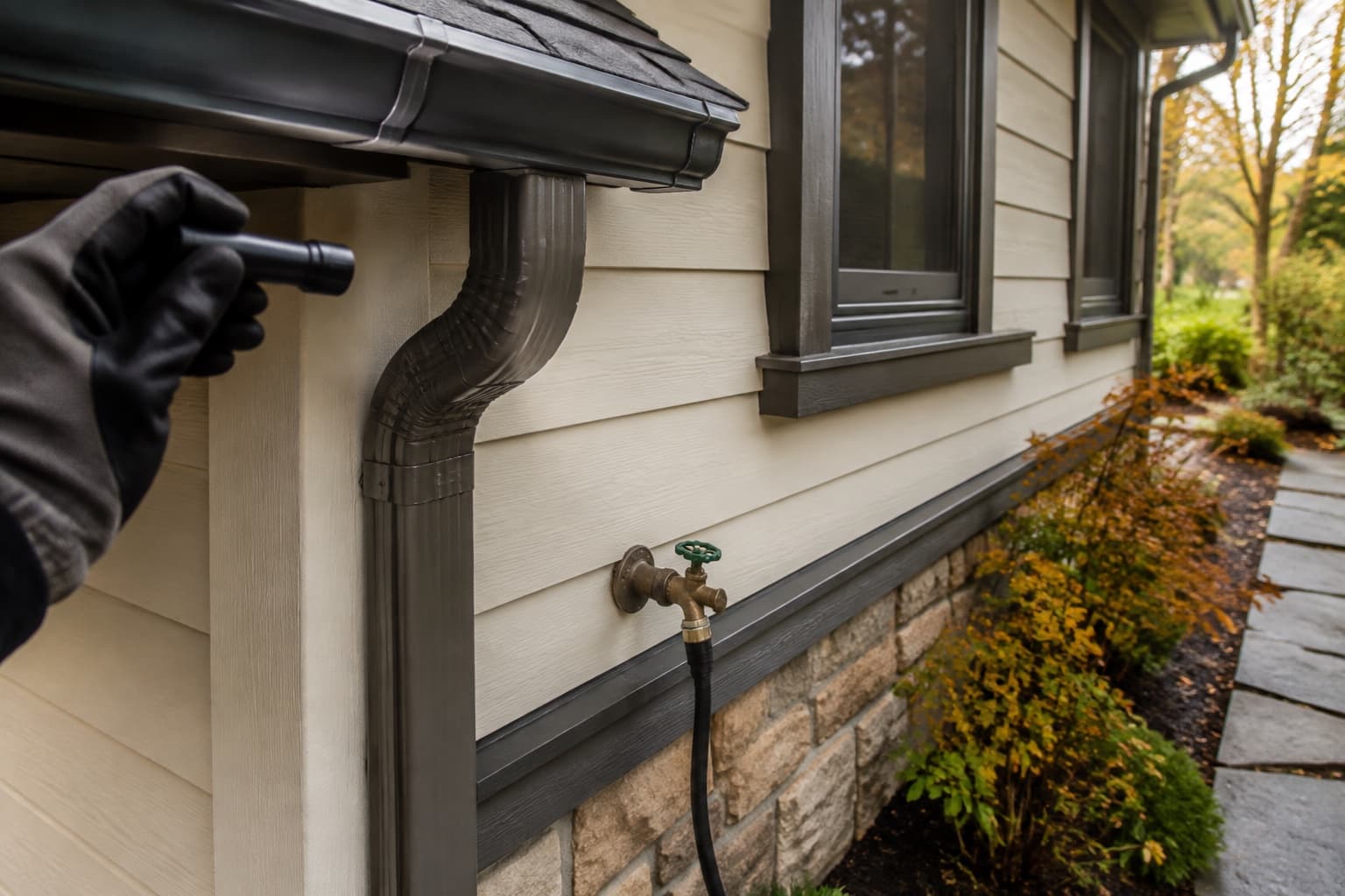 A gloved homeowner visually checking a gutter, downspout, hose bib, and foundation edge with a flashlight