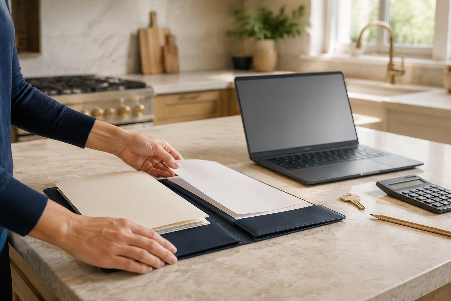 An organized home-offer folio beside a laptop, calculator, notebook, and keys on a kitchen island